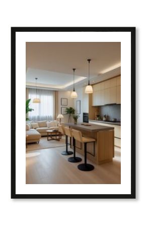 Modern kitchen in beige tones featuring household appliances integrated with a living area, including an island with stools and decorative lighting.