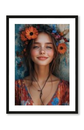 Smiling woman with a flower crown, rustic textured backdrop, soft focus, boho