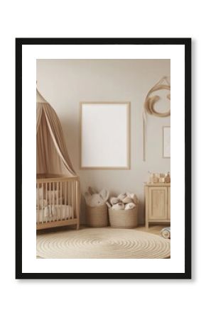 Neutral nursery room interior design with crib, toys, and mockup frame.