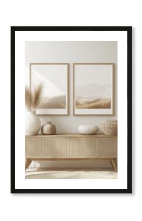 Beige framed prints, neutral decor, and a wooden sideboard