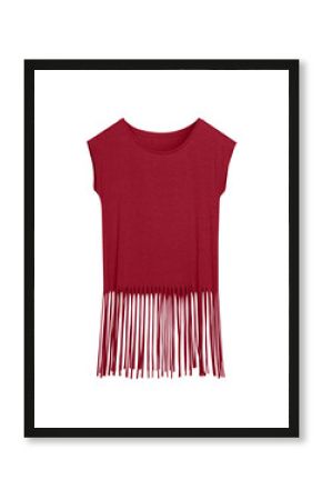Burgundy blank boho style summer t-shirt with long fringes isolated on white
