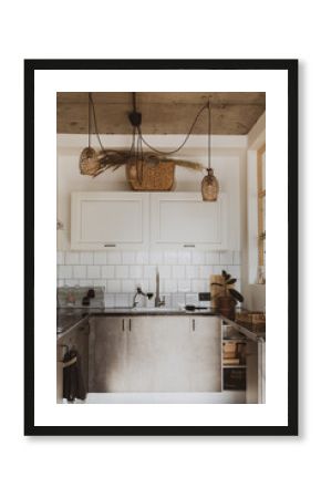 Nordic and cozy kitchen interior. Boho ecological and loft style.