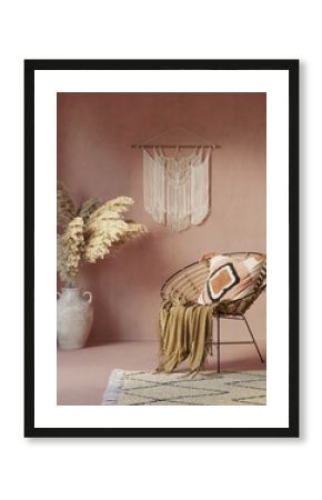 3d dusty pink and mustard bohemian interior with boho macrame wall hanging decor and a round rattan chair with ikat cushion  