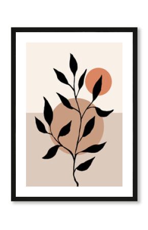 Abstract trendy Botanical wall art. Foliage line art drawing with shape. Minimal, natural wall art.