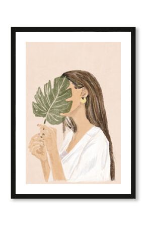 Abstract Boho Woman Portrait. Minimalist Female simple Modern Art. Pastel colors, Hand Drawn Contemporary card, logo, template