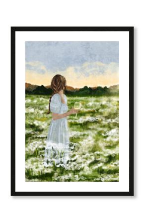 An elegant woman with a glass of wine stands in a chamomile field and looks into the sunset. Abstract aesthetic contemporary illustration in boho and acrylic style. Bohemian printable wall art