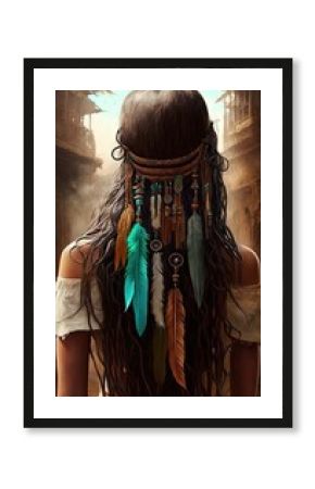 back portrait of beautiful girl wearing bird feather headdress, Generative Ai