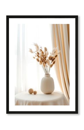 Glamour shot of a cream white vase containing dried flowers, on a white table in front of a white background with soft white curtains nearby. Japandi style. 