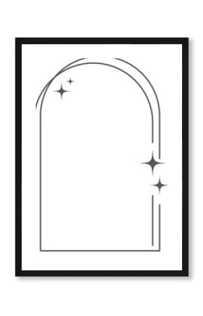 Aesthetic frame shape. Outline minimal graphic elements with stars. Abstract boho arch with sparkles. Trendy geometric template for poster and story.