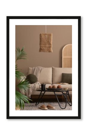 Creative composition of boho living room interior with beige sofa, black round coffee table, boho lamp, partition wall, plaid, colorful basket on wall and personal accessories. Home decor. Template.