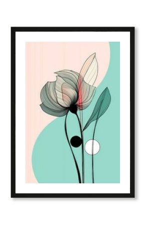 Poster with abstract flowers and circles on white background for home decor by Generative AI