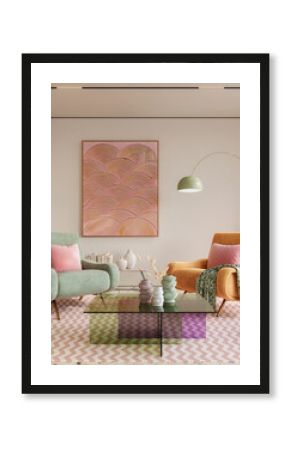 Colorful and vibrant interior designs of living room adorned with cozy furnitrue and beautiful decor, 3d rendering