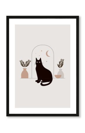 minimalist illustration of black cat for decoration. simple artwork for home decor. black cat with plants for art print. art with neutral colors. vector. boho style. nature elements