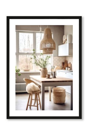 Scandi-boho style kitchen room, nature lighting, 3d render