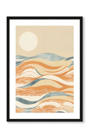 Sea Waves and Summer Sun Simple Illustration with Sky Copyspace