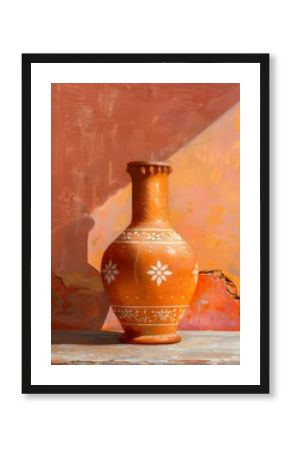 a painting of a still life arrangement of aged painted vases  , boho style, resting on a weathered wooden table, art work for wall art, home decor and wallpaper 