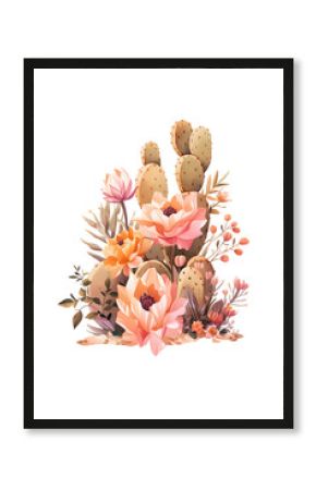 Beautiful WIld West Desert boho floral composition arrangement with cactus and flowers. Watercolor bohemian desert flora illustration isolated on white background
