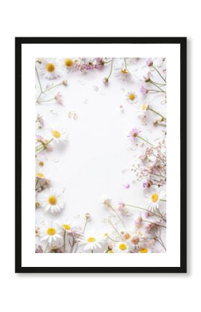 Floral boarder chamomile wildflowers frame with white copy space background realistic style.