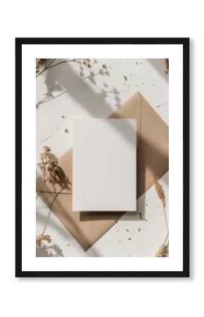 aesthetic mockup of a blank invitation viewed from above, with neutral beige and brown colour