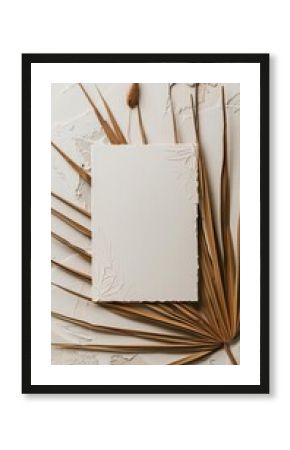 a Beautiful ultra minimalistic boho style of A4 and thank you cards blank invitation mockup in diagonal on a palm leaf with a boho neutral and white color background