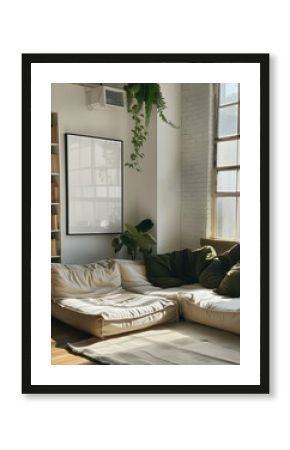 Black frame mockup 70 x 100cm, 28 x 39 inches, in a white wall, wood floor, beige sofa, loft apartment living room