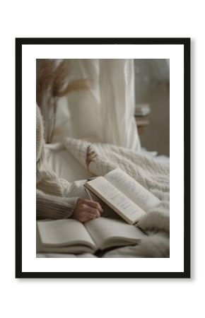 A person writing in a notebook on a white desk, with a book next to it, in a minimalistic style with boho vibes and an aesthetic vibe with a beige color tone and aesthetic background