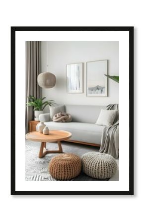 View of modern scandinavian style interior with sofa. Home staging and minimalism concept