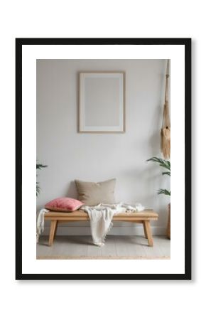 Bench and Mock Up 3D rendered frame in modern design. Beige and pink pillows with white blanket on side bench with potted plants and boho decoration. Interior design,