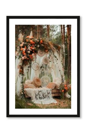 Photo zone in boho style in nature. Selective focus.