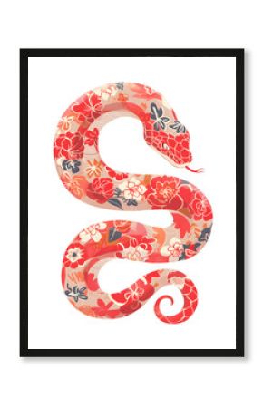 Beautiful bohemian chic snake illustration. Red snake with floral pattern skin. Isolated clipart, artistic design element. Chinese New Year 2025