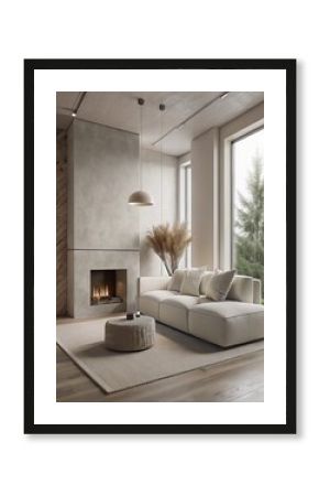 modern living room. Rustic modern boho interior design of modern living room with beige fabric sofa cushions. White beige wall. White corner sofa. Scandinavian home interior design modern livingroom.