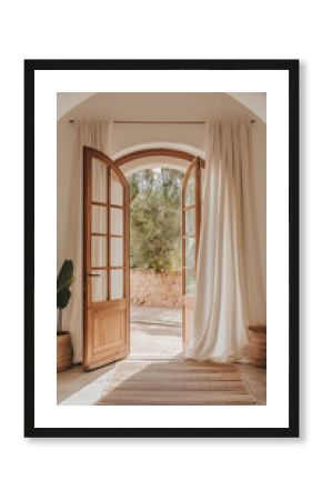 Aarched doorway with open wooden double doors light beige curtains minimal rustic decor sunlight flowing indoor plant wicker baskets bohemian mediterranean style home inviting entrance concept