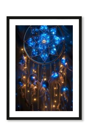 A glowing dreamcatcher adorned with blue and golden lights, creating a mystical and serene ambiance. Perfect for themes of spirituality, dreams, and interior decoration.