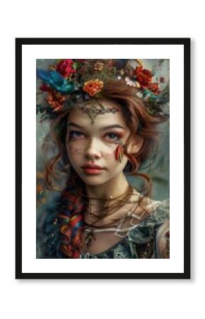 Enchanted Woman with Floral Crown and Butterflies