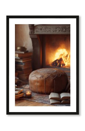 Moroccan pouf in distressed brown leather with detailed stitching, placed in a cozy reading nook by the fireplace