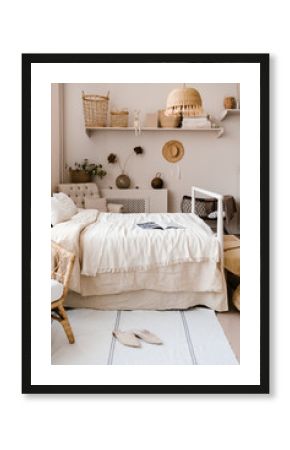 Stylish bedroom in boho design style.