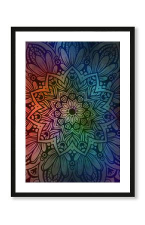 Mandala wallpaper, tracery round boho style. Ethnic ornament background. Folk, meditation design. Colored curved shape. 