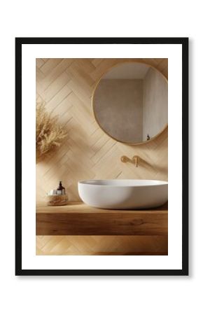 Modern bathroom interior featuring a stylish round sink on a wooden countertop. with a decorative mirror and elegant wall tiles. creating a serene and inviting atmosphere