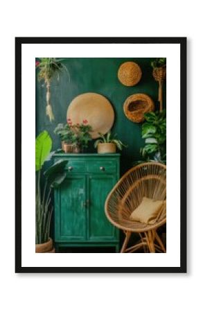 Interior of a cozy home with a green cabinet plants and a wicker chair against a dark green wall creating a warm and inviting atmosphere showcasing bohemian style and natural light