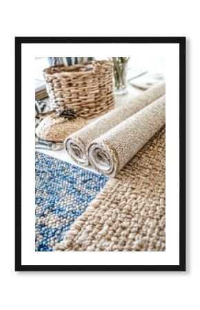 Rolled-up rugs, various textures and colors  Natural woven mats displayed