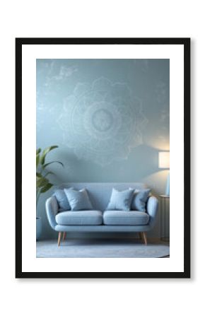 cozy interior styling with blue couch artistic mandala wall table and lamp in washed bluish tone peaceful decor Interior Design Inspiration Photography