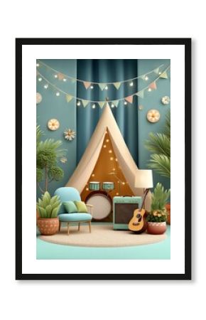 Teal Room Interior with Teepee, Musical Instruments, and String Lights