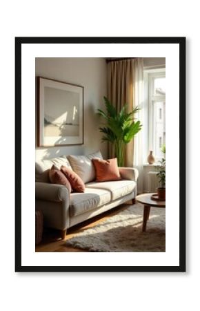 Cozy living room interior with plush sofa, warm lighting, throw pillows, and decorative plants creating a relaxing atmosphere Perfect for home decor blogs and websites , natural, living room