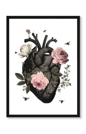 A heart with flowers and bees on it