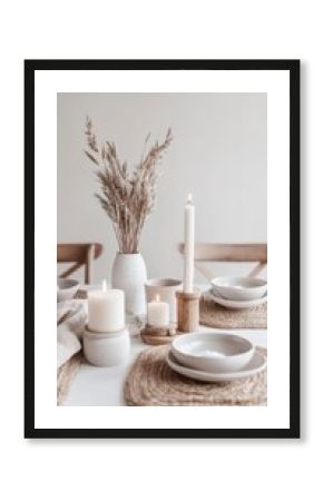 Minimalist Table Setting with Candles and Pampas Grass.