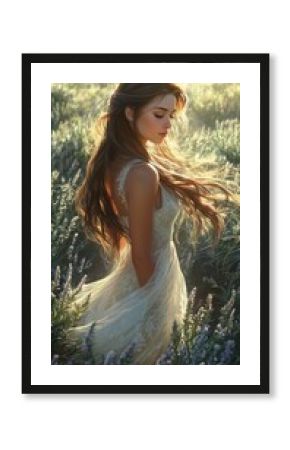 A serene woman in a flowing lace dress stands gracefully in a sunlit flower field, capturing an aura of tranquil beauty.