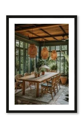 Boho Jungle Dining Room with Wooden Table, Rattan Lampshades, and Greenery Decor