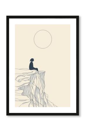 Minimalist illustration of woman, boho art line art hobbies self love care mental health minimal wall art poster style beige floral botanical introvert healing tarot card reading solitude lonely Astro