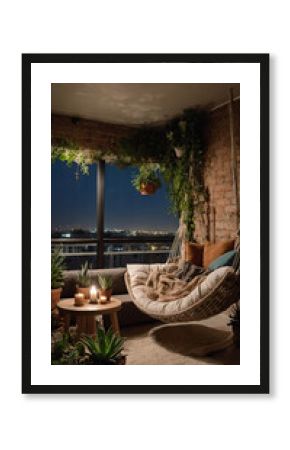 Dreamy boho inspired balcony with soft cushions cozy seating and a beautiful city lights view after dark Bohemian Style Interior Design Stock Photo Inspiration