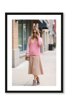 Stylish Woman in Pink Sweater and Midi Skirt Walking Outdoors Autumn Fashion